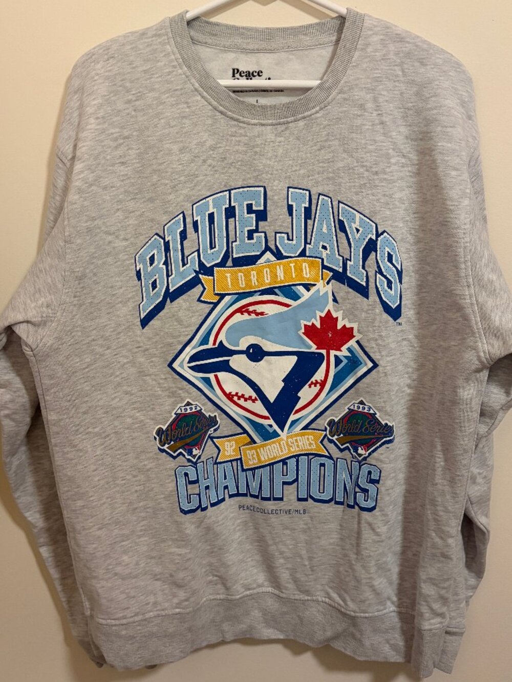 Toronto Blue Jays Peace Collective Size L Grey Crewneck 92/93 World Series MLB